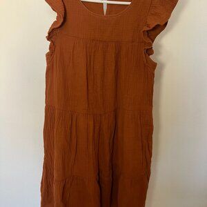 J.Crew Women’s Tiered Dress Ruffle Sleeve Rust Brown Casual Cotton